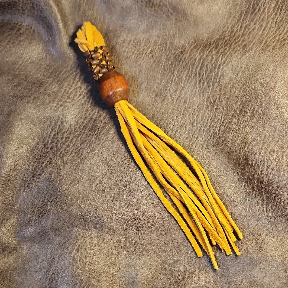 Elk Leather Tassle With Copper And Wooden Beads